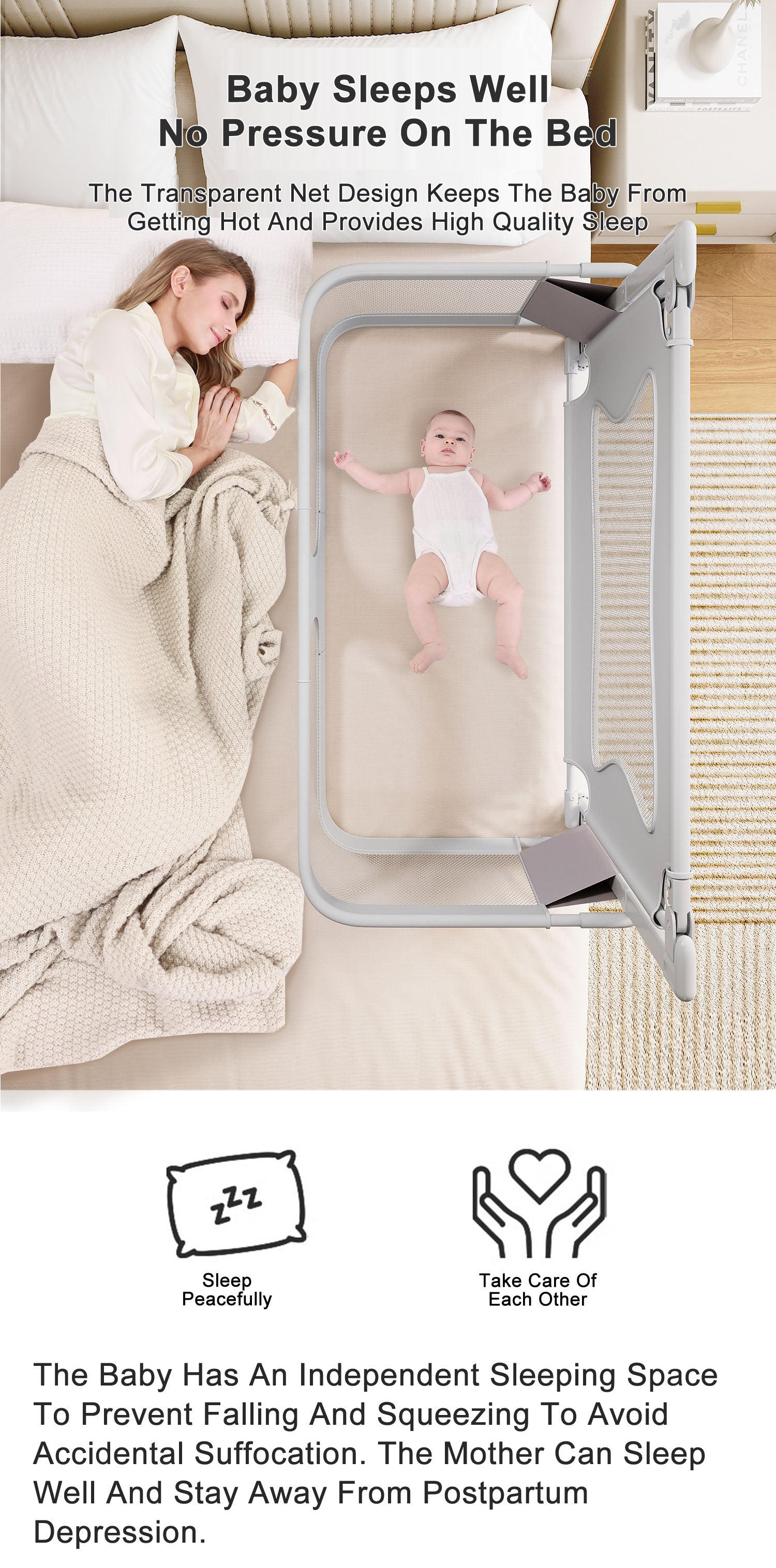 Baby Bedside Sleeper 3 in 1 Folding Portable Crib Breathable Safe Baby Bassinet