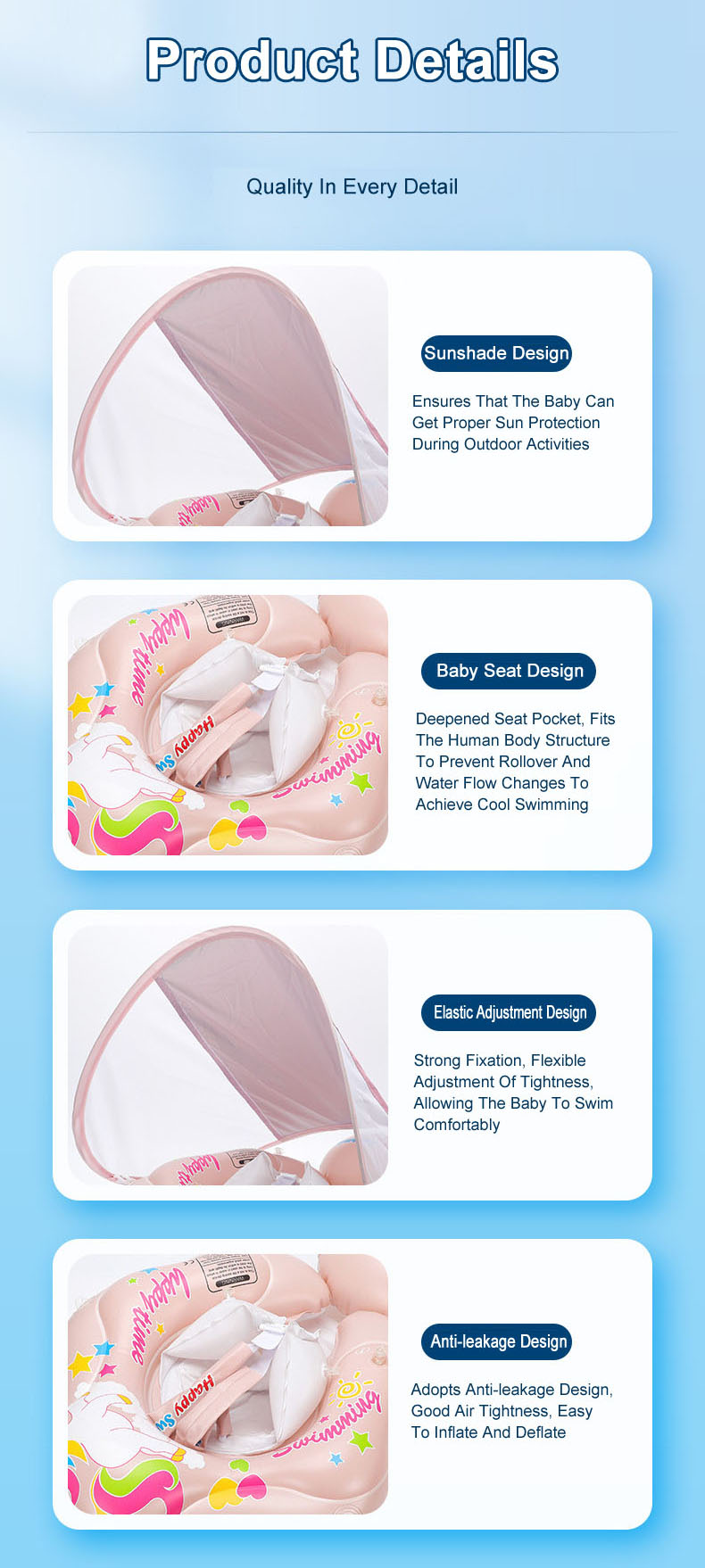 Baby Infant Swimming Pool float seat Ring Anti-rollover Sunshade Inflatable