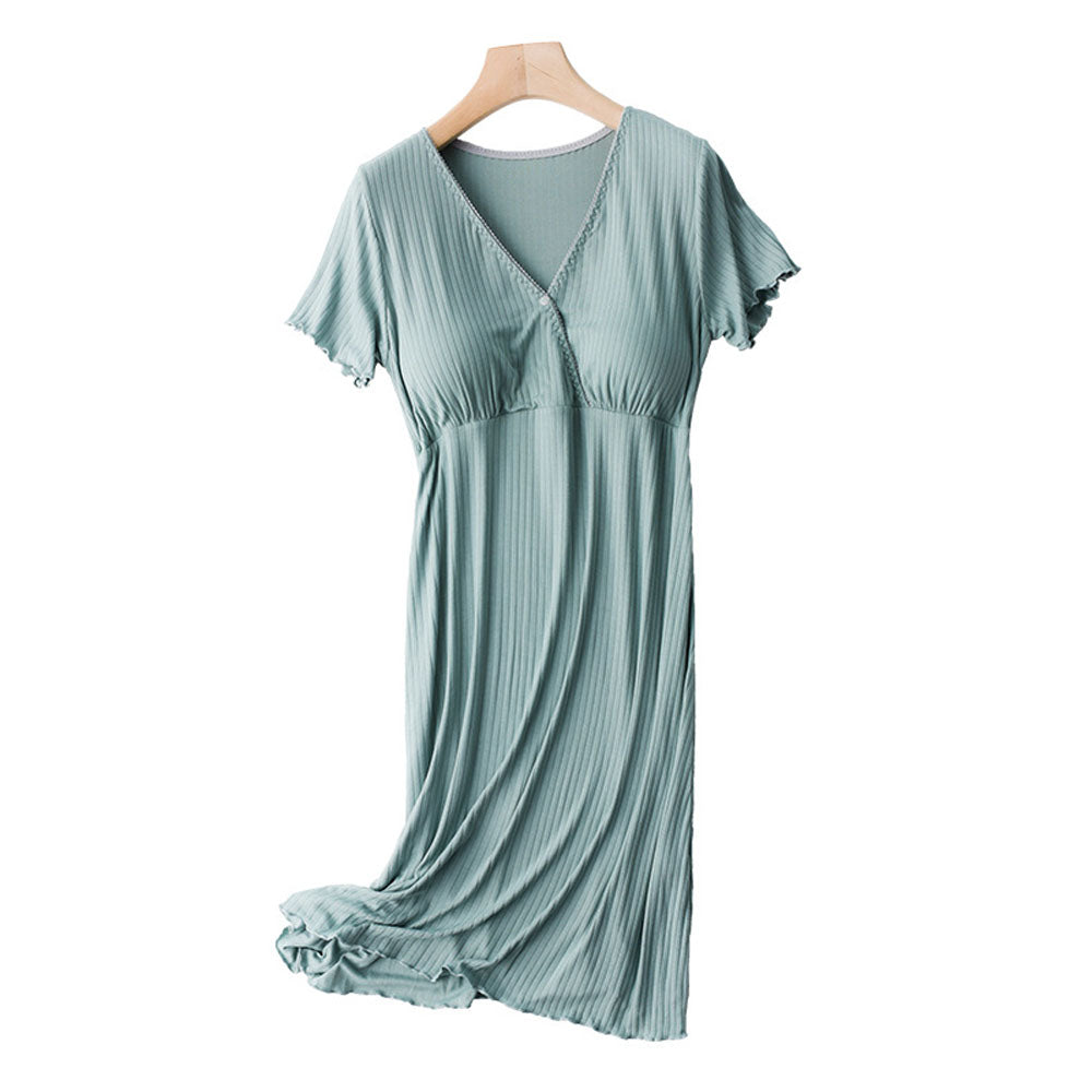 Stretchable Button-Front Nightdress Front Opening Design Button-Down Access