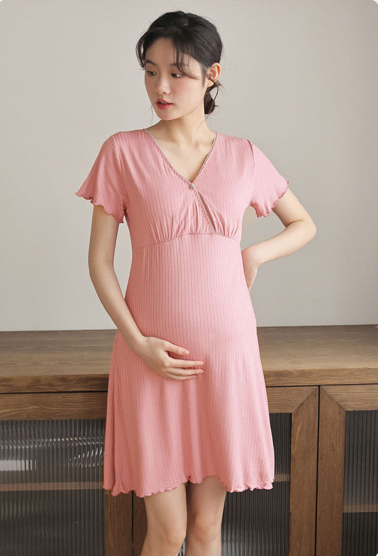 Stretchable Button-Front Nightdress Front Opening Design Button-Down Access