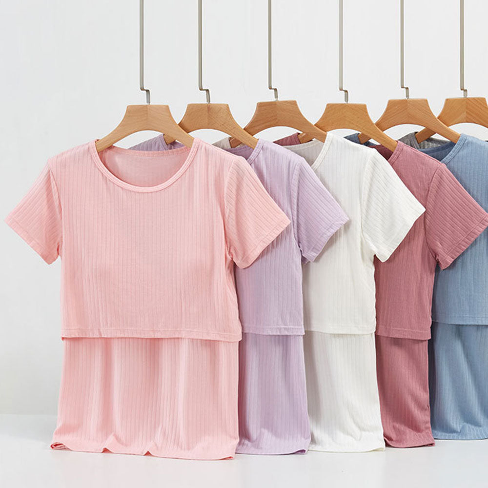 Short Sleeve Nursing Pajama Set: Button Down Sleepwear for Moms & Bump