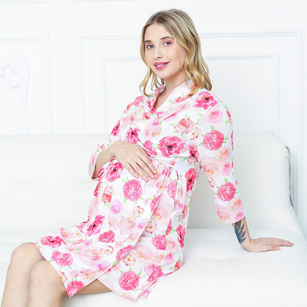 Matching Set Baby Swaddle & New Mom Robe Soft Cotton Floral Print