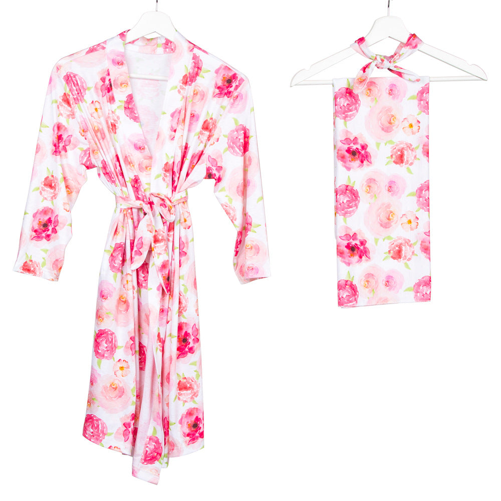 Matching Set Baby Swaddle & New Mom Robe Soft Cotton Floral Print