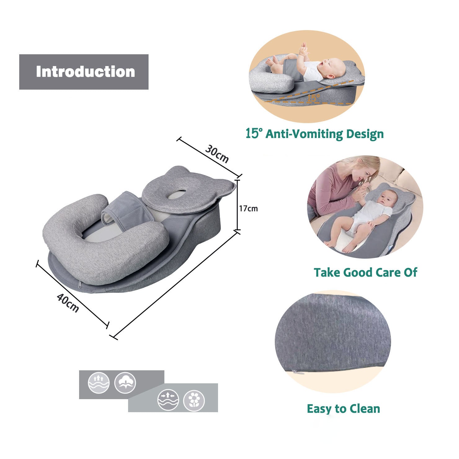 Baby Anti-Spill Reflux Breast Feeding Slope Nursing Pillow Lounger Prevents Flat Head