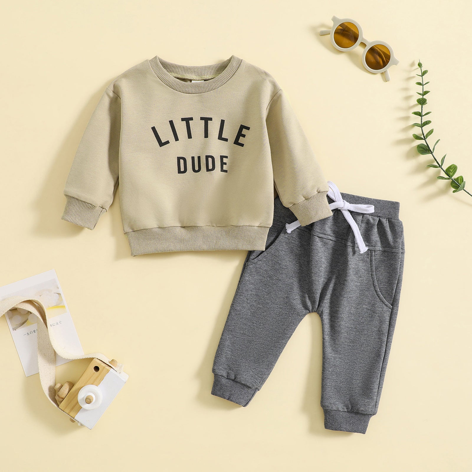 Children's Baby round neck letter print top solid color trousers two-piece set