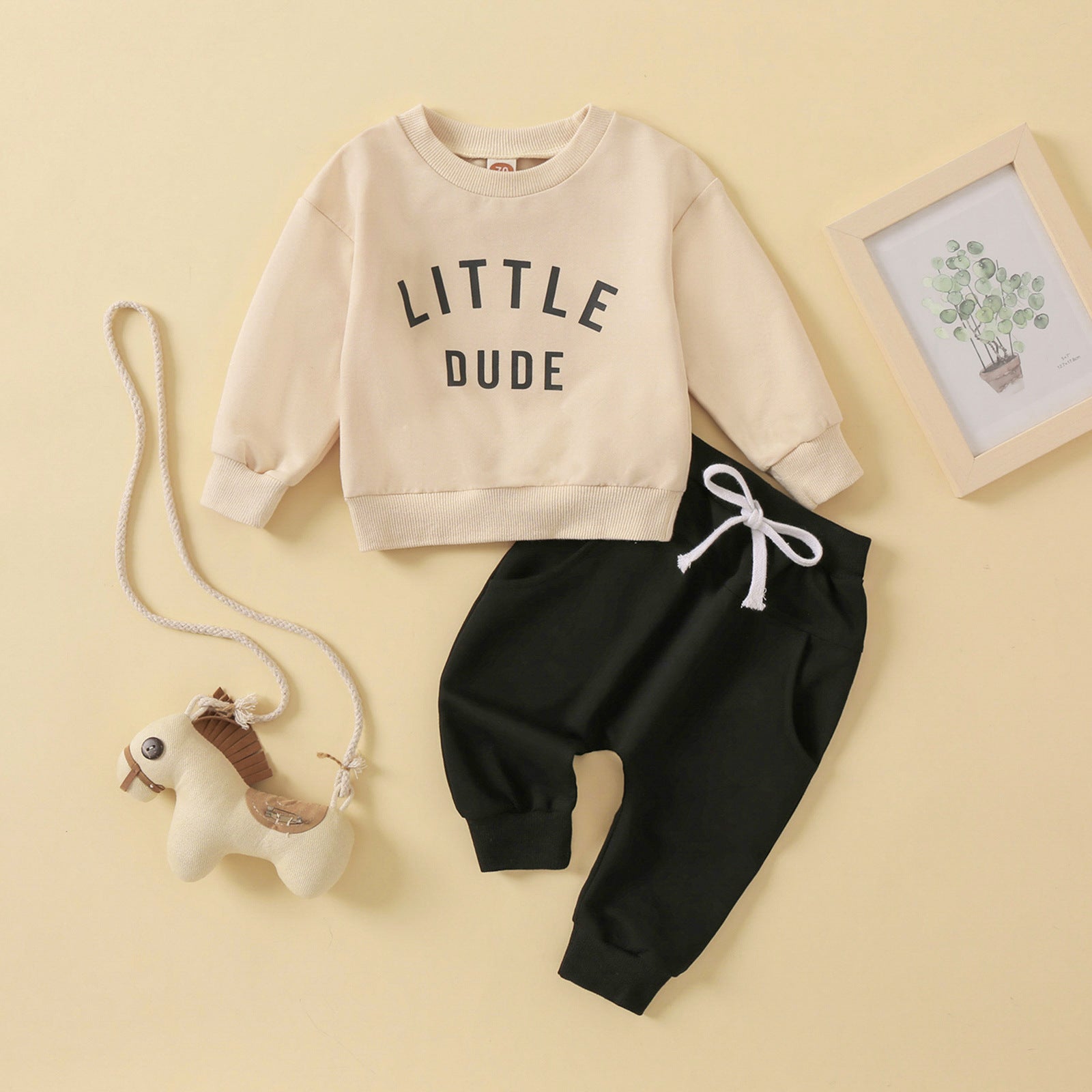 Children's Baby round neck letter print top solid color trousers two-piece set