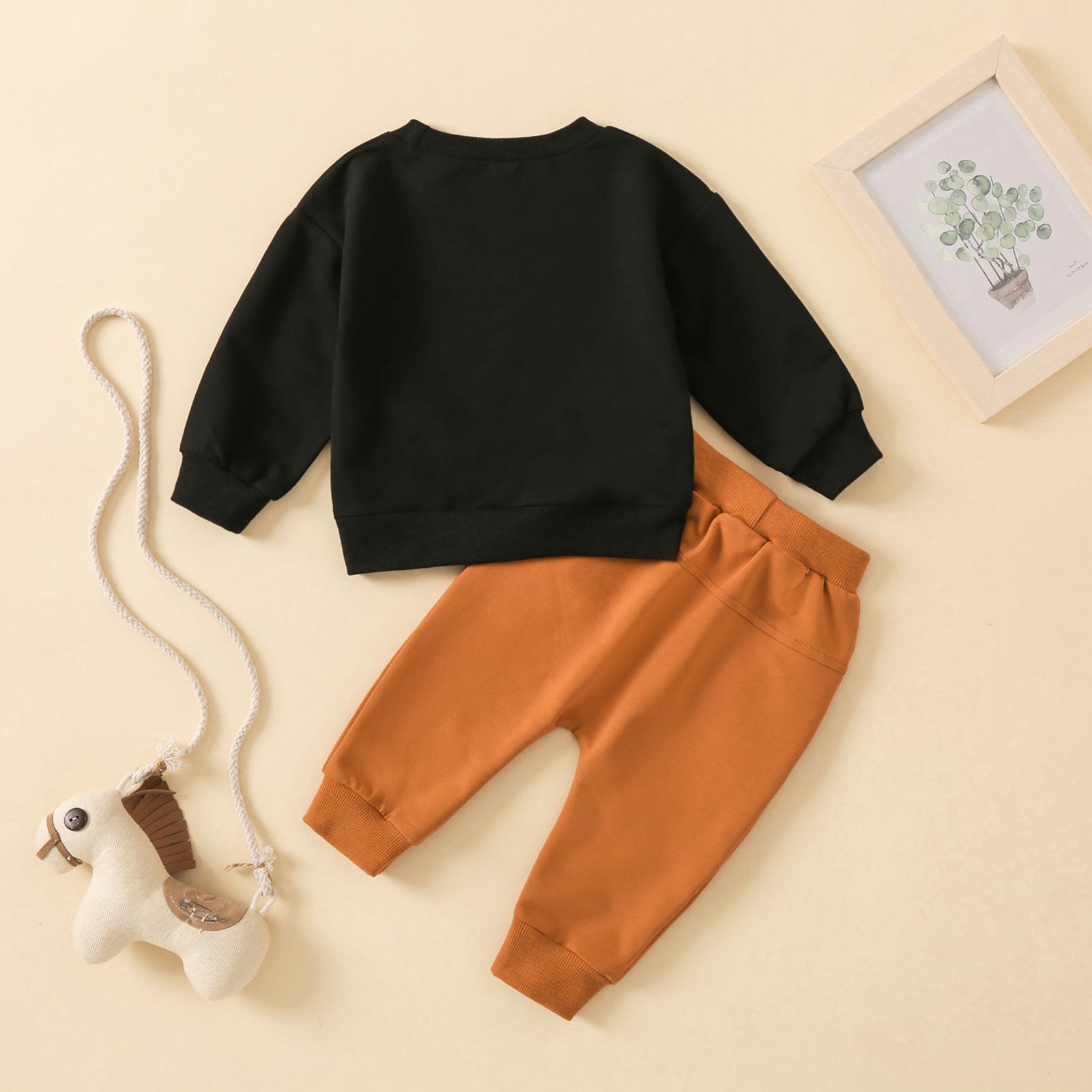 Children's Baby round neck letter print top solid color trousers two-piece set