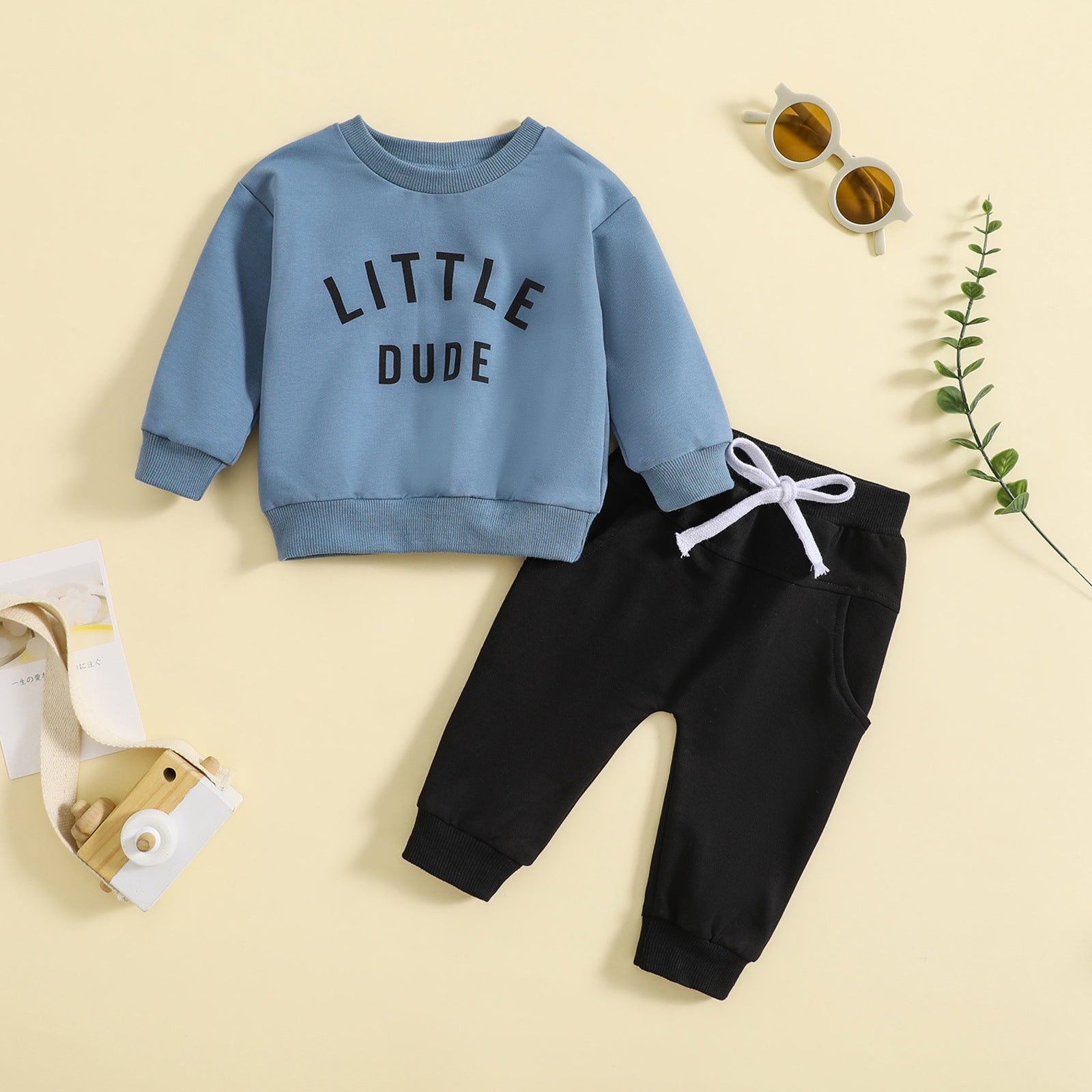 Children's Baby round neck letter print top solid color trousers two-piece set