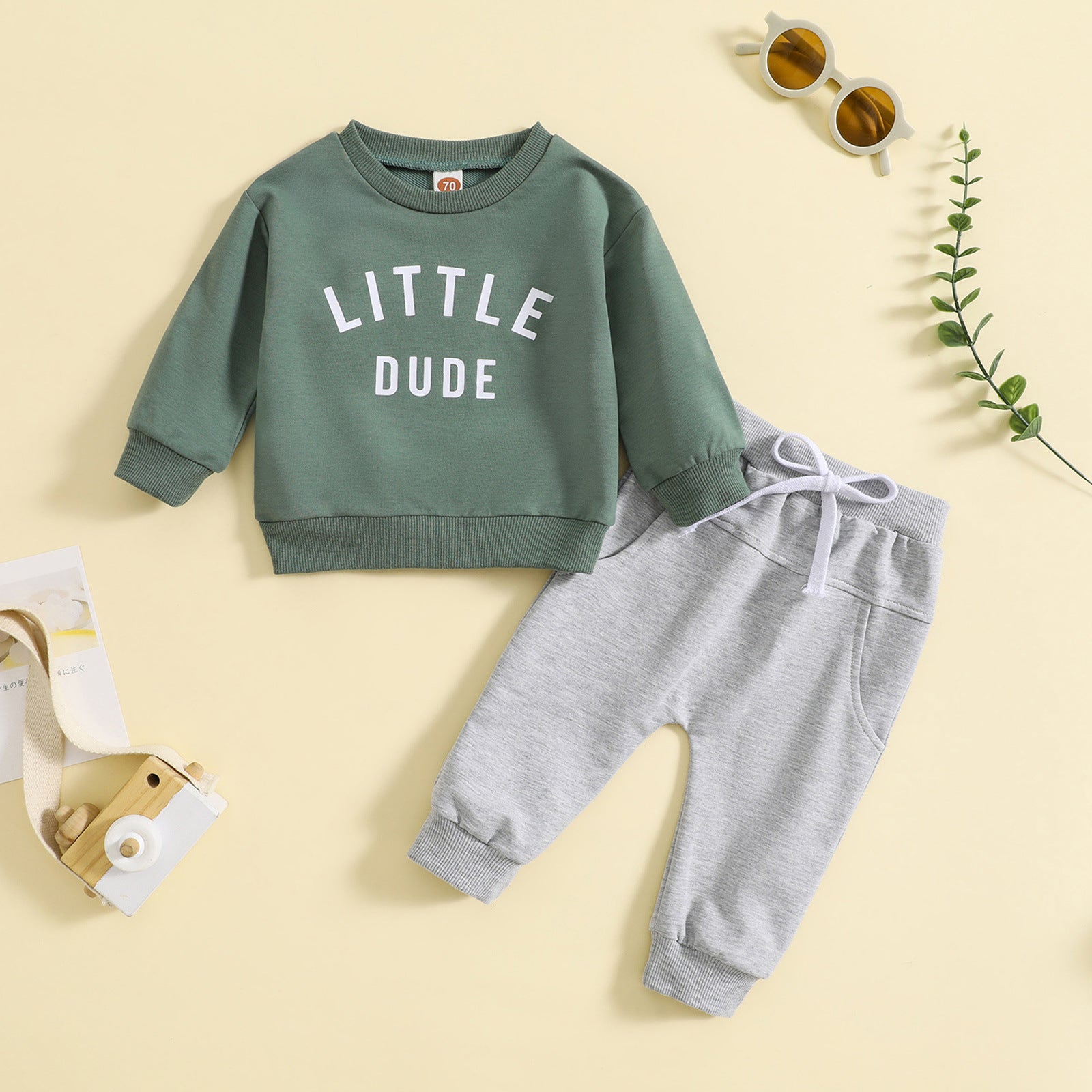 Children's Baby round neck letter print top solid color trousers two-piece set