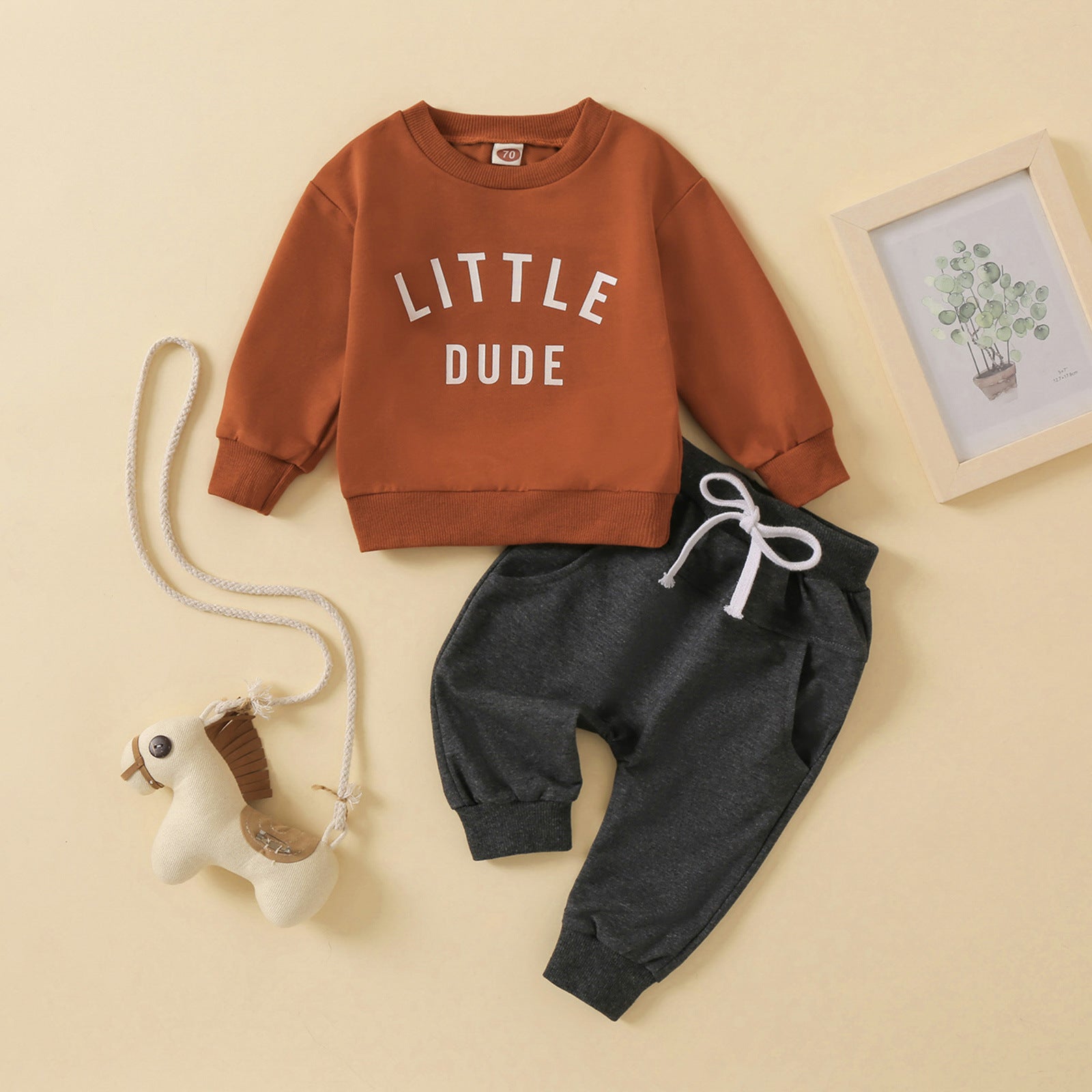 Children's Baby round neck letter print top solid color trousers two-piece set