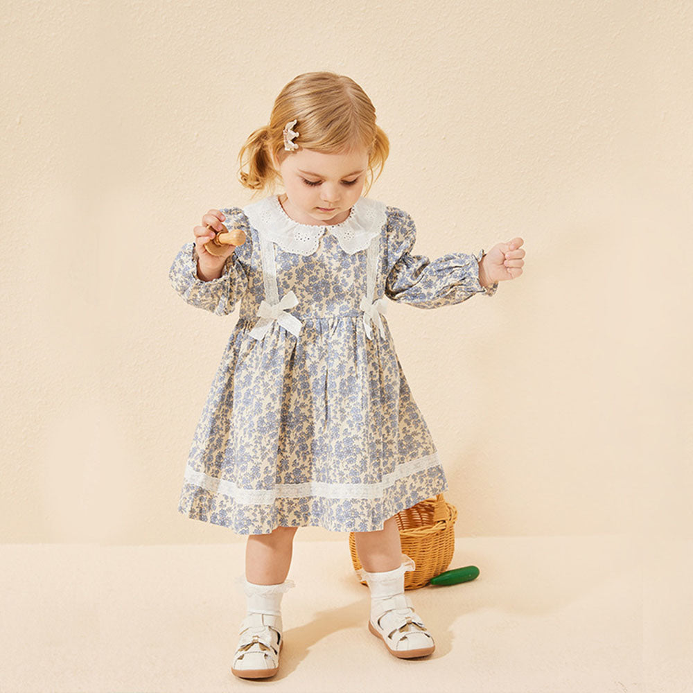 Baby children's dress for girls skirt floral long-sleeved princess dress lace bow