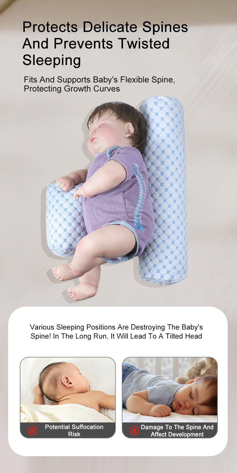 Baby anti-choking pillow for secure sleeping and preventing falls soothing side sleeper
