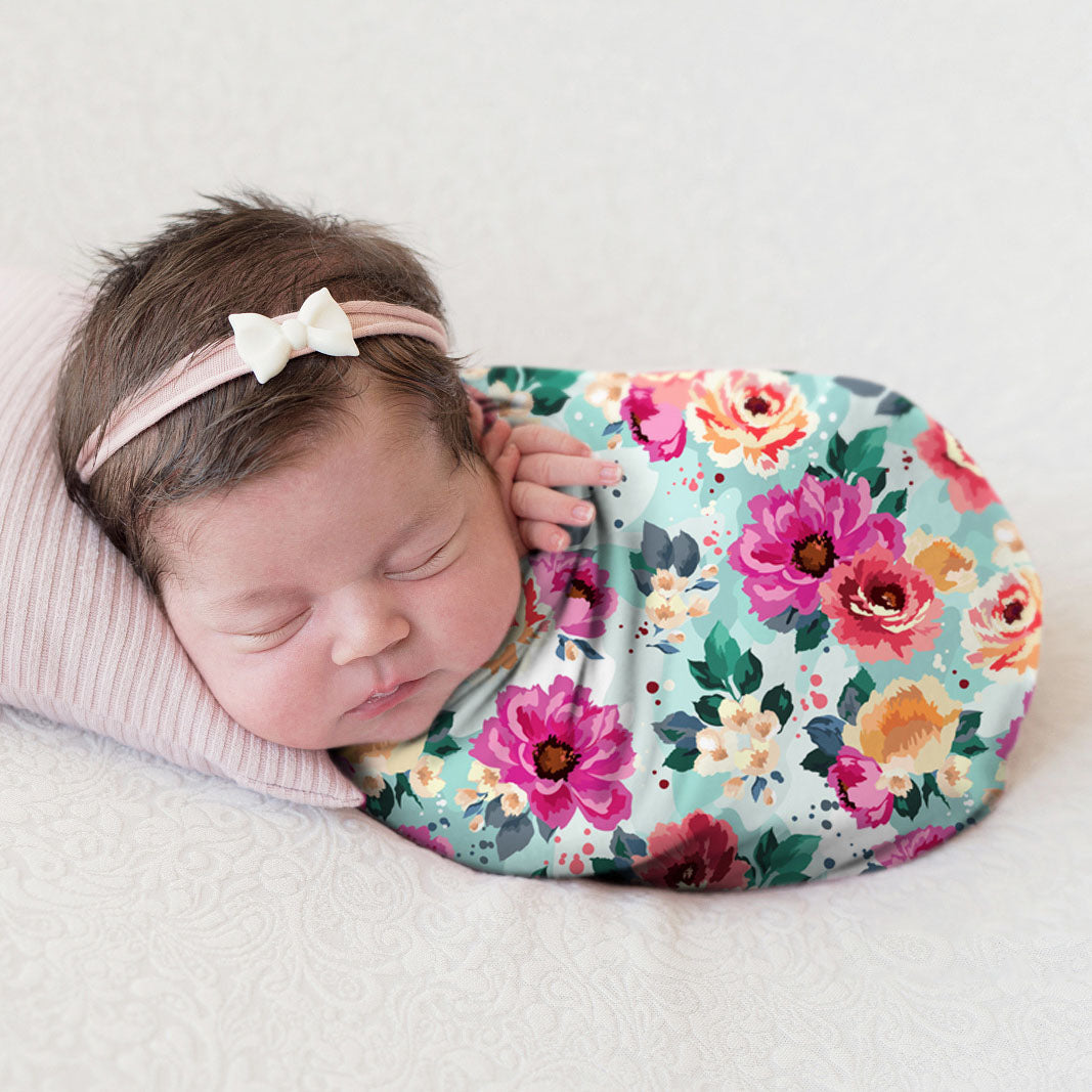 Floral Print Swaddle and Hat Set for Newborn Baby Photographers