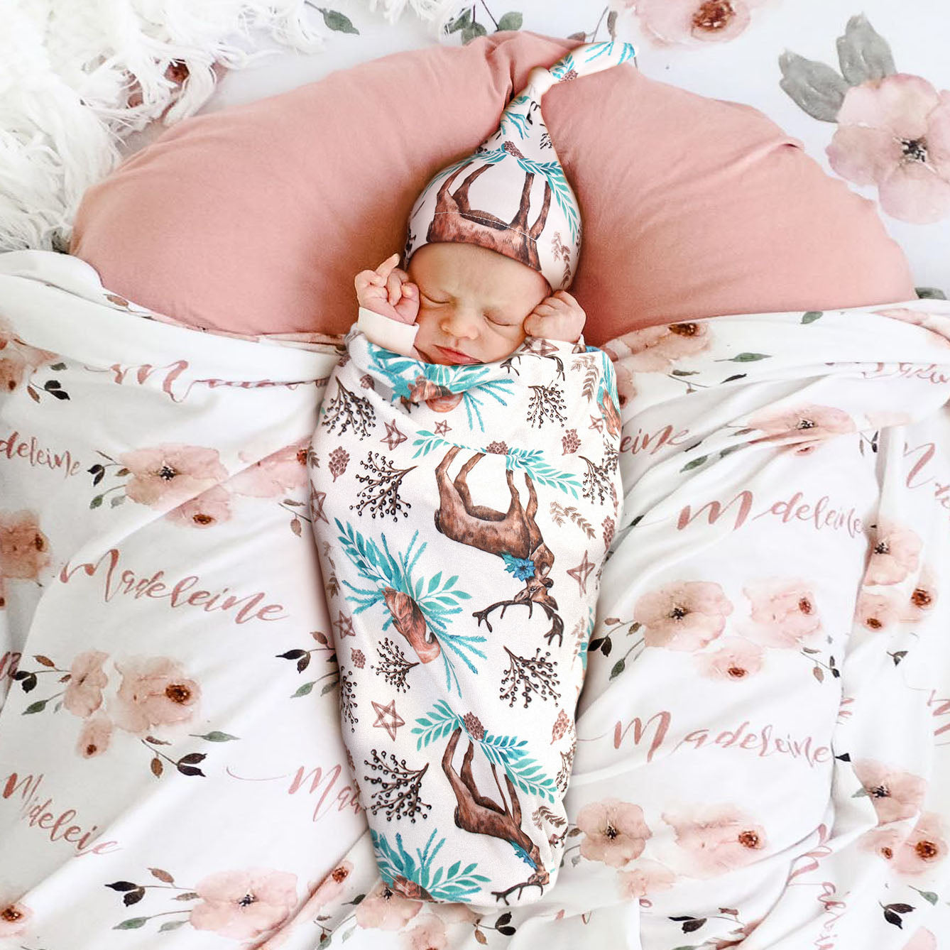 Floral Print Swaddle and Hat Set for Newborn Baby Photographers