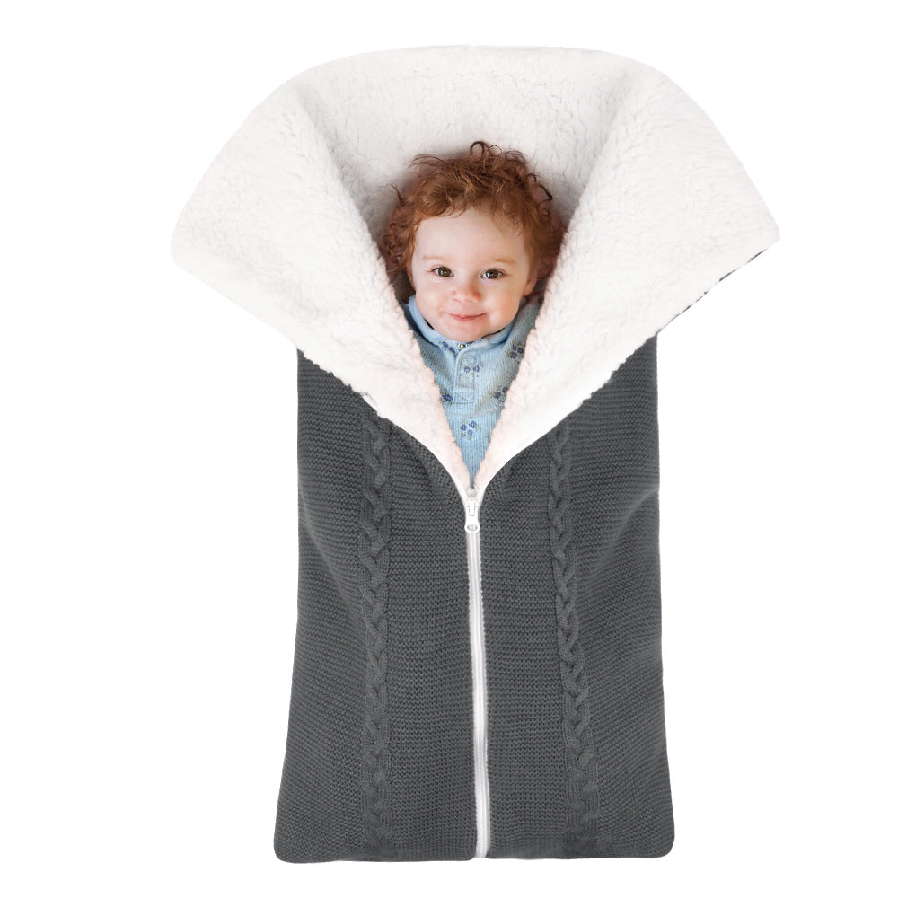 Knitted plush baby sleeping bag swaddle stroller zipper Blanket Two-in-one