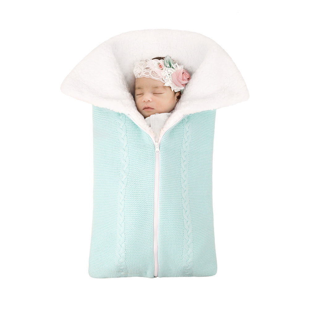 Knitted plush baby sleeping bag swaddle stroller zipper Blanket Two-in-one