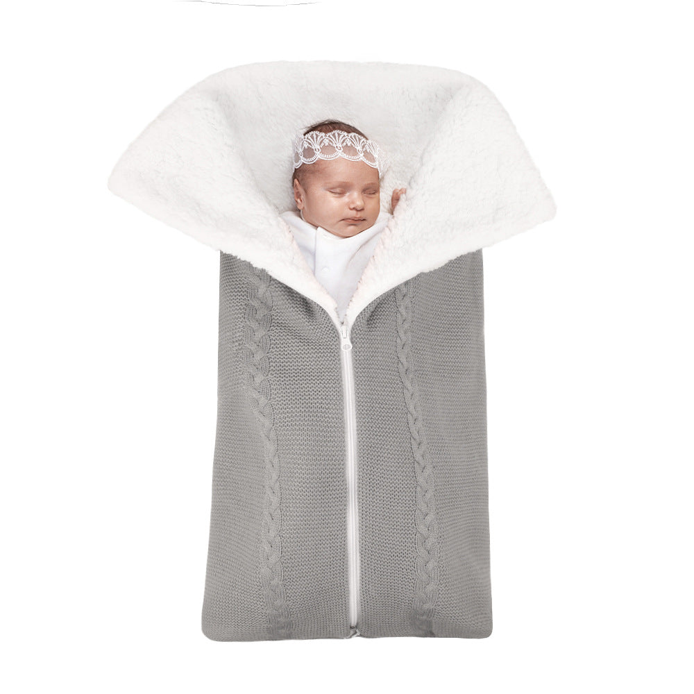 Knitted plush baby sleeping bag swaddle stroller zipper Blanket Two-in-one