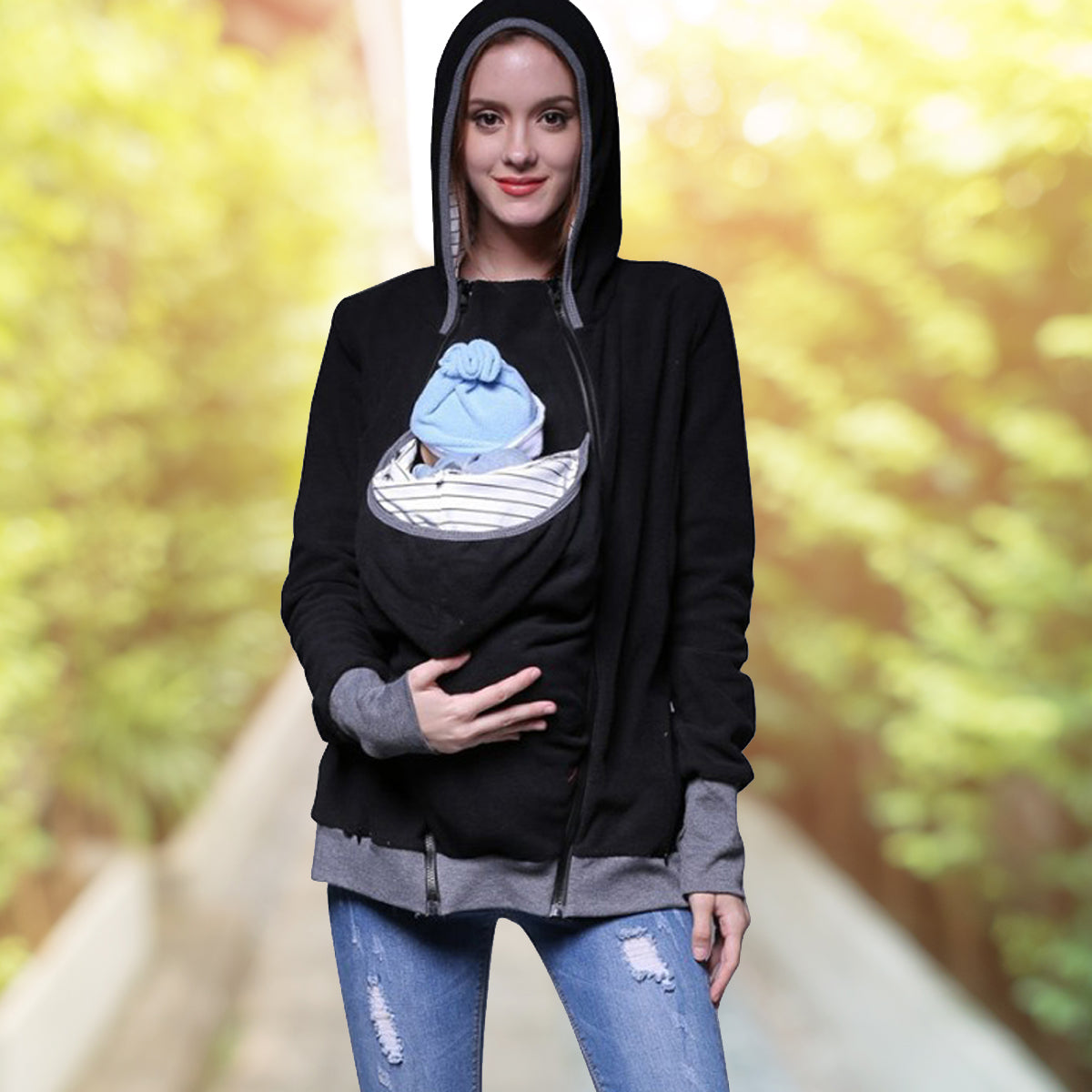 Mom Kangaroo Pouch Hoodie Pocket Baby Carrier Sweatshirt Coat