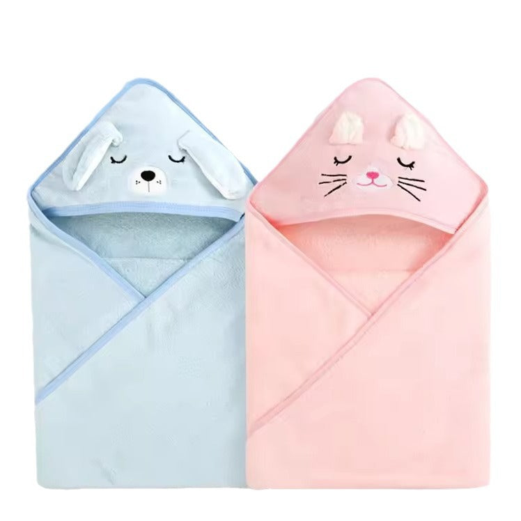 Baby newborn swaddle wrap cute cartoon blanket hooded bath towel Coral fleece