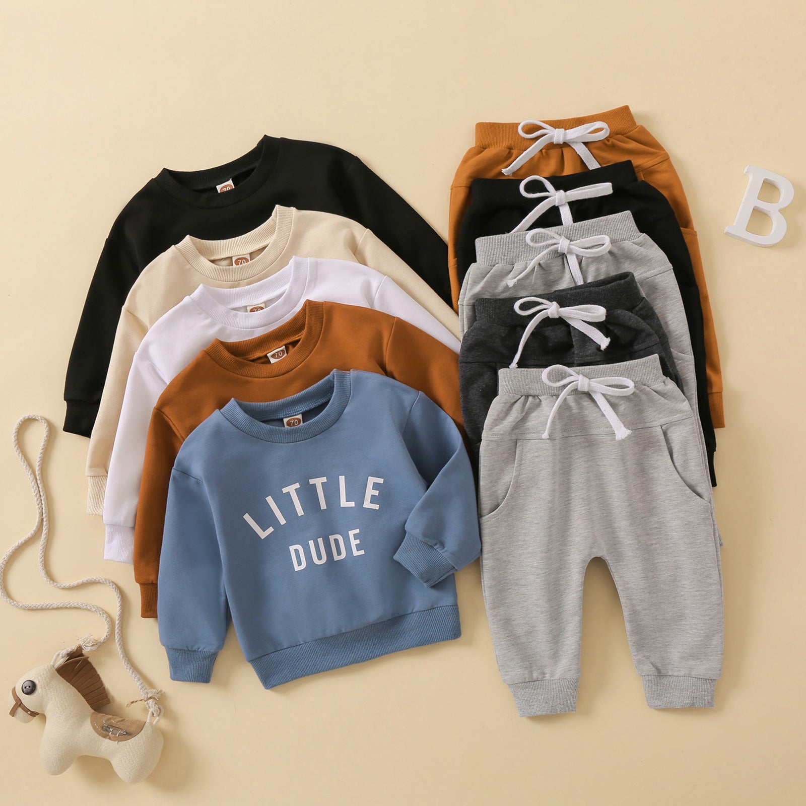 Children's Baby round neck letter print top solid color trousers two-piece set