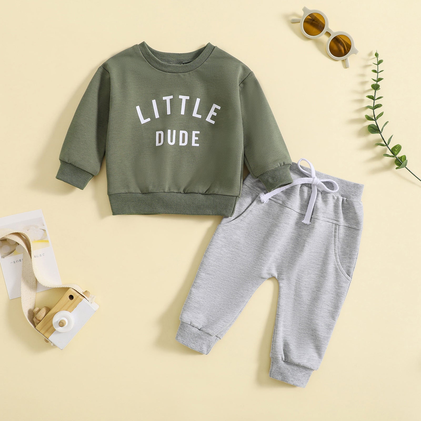 Children's Baby round neck letter print top solid color trousers two-piece set
