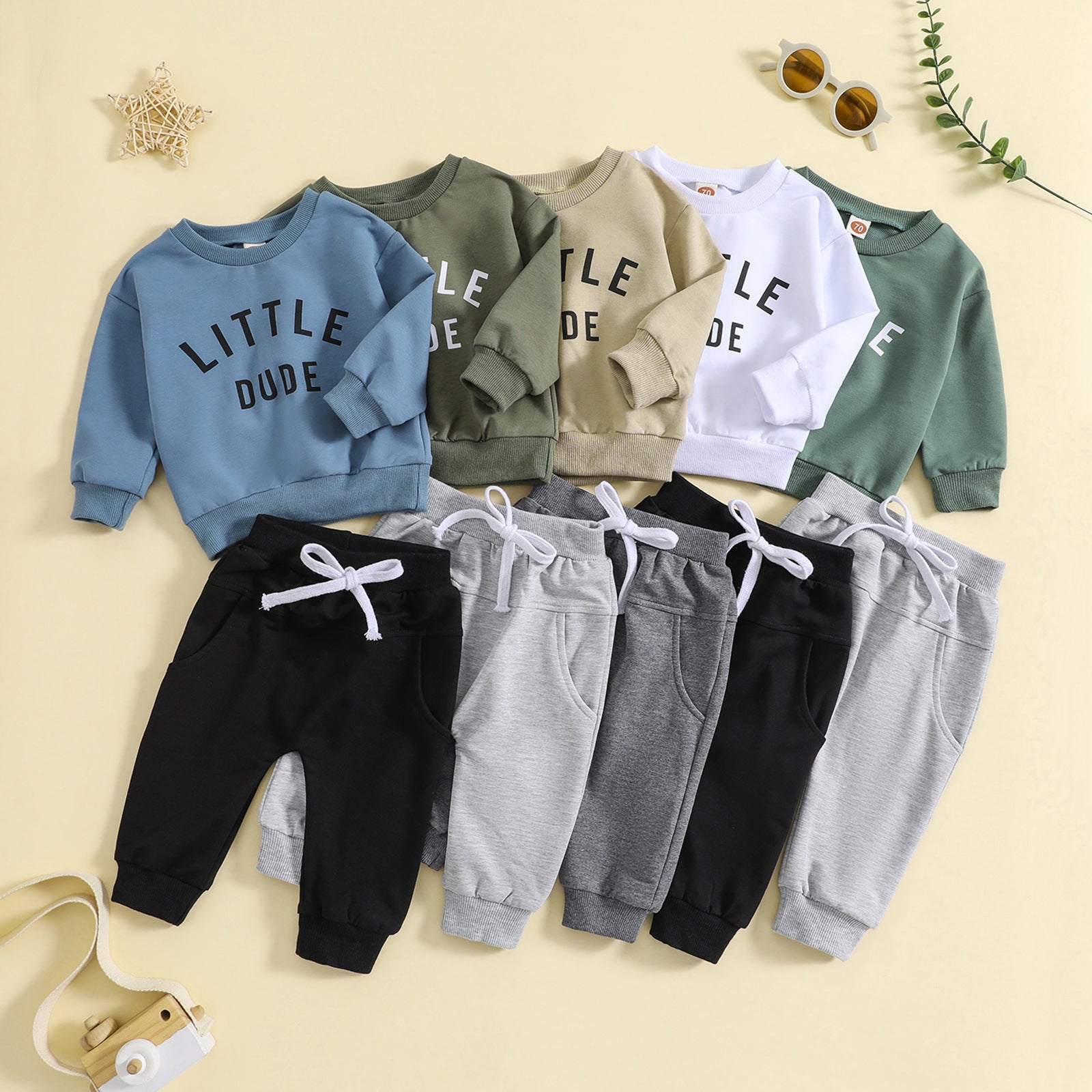 Children's Baby round neck letter print top solid color trousers two-piece set