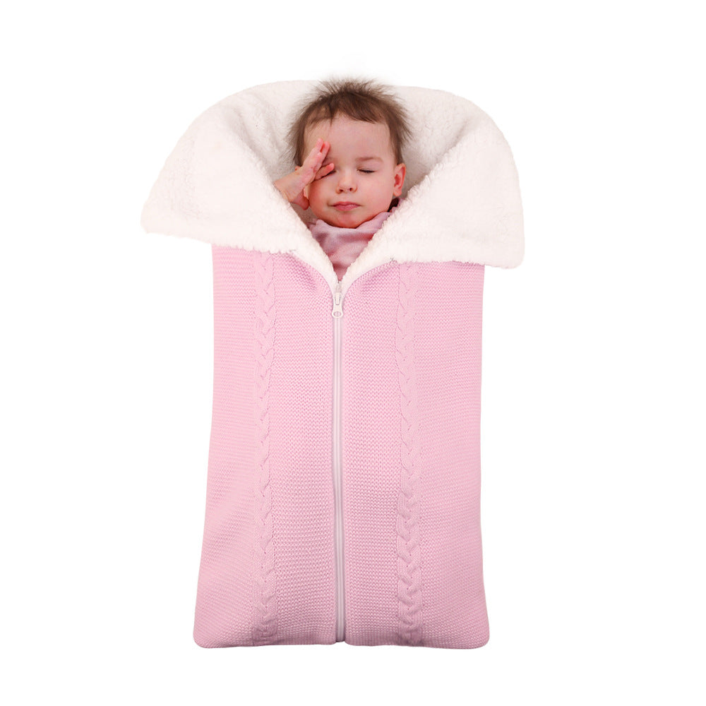 Knitted plush baby sleeping bag swaddle stroller zipper Blanket Two-in-one