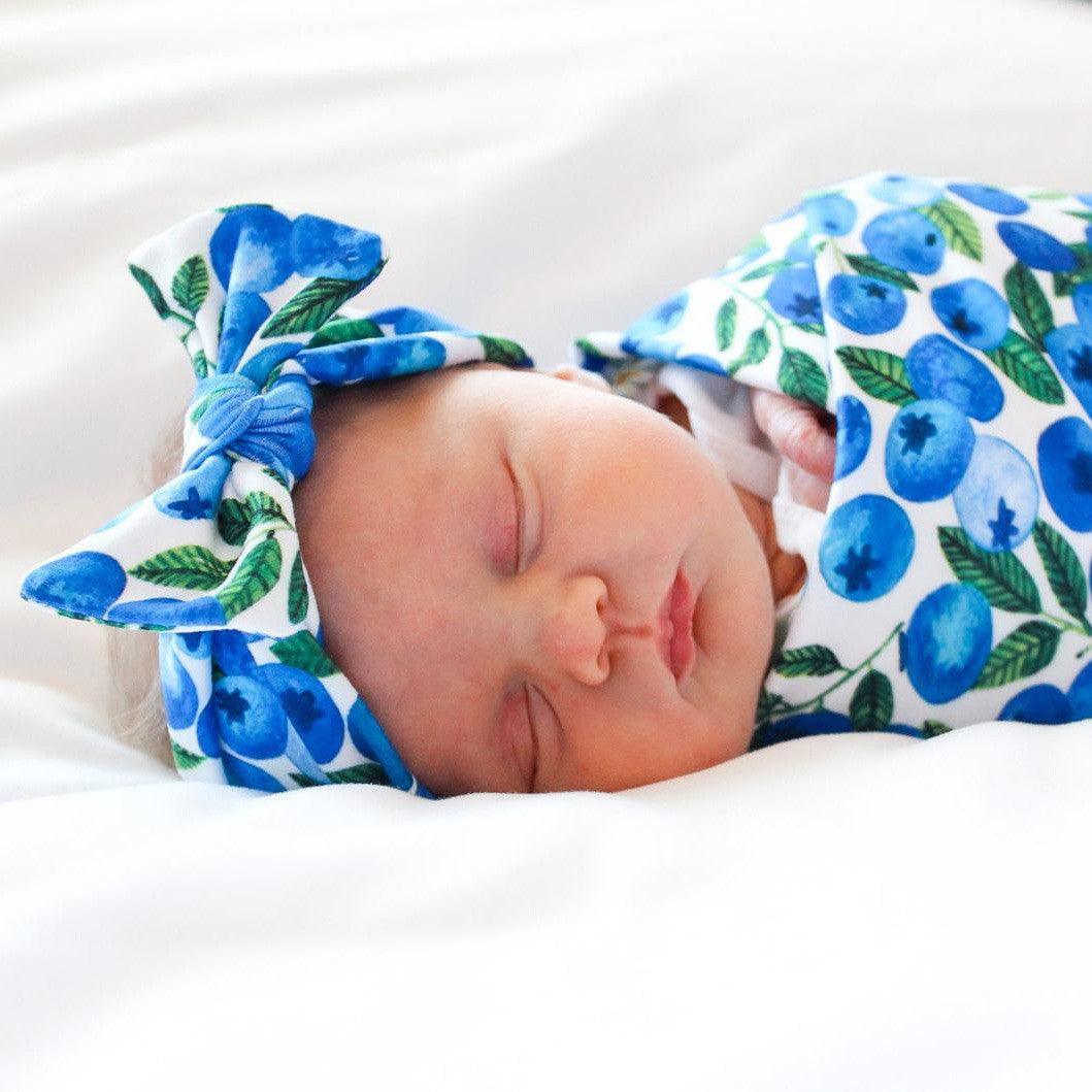 Newborn Baby Swaddle Striped Fruit Print and Headband Knotted Hat Three-Piece Set