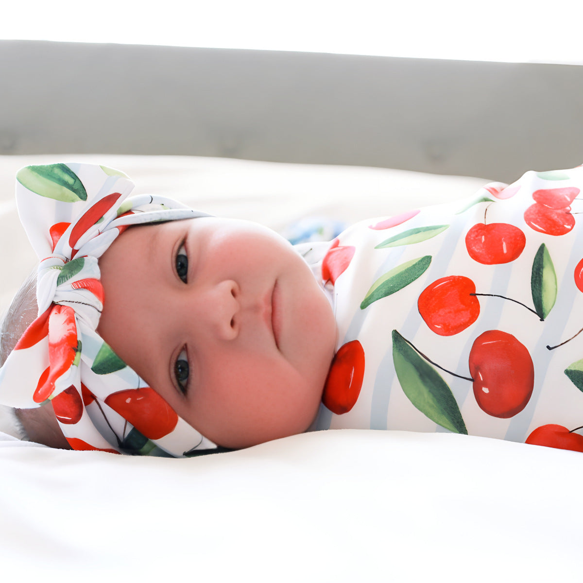 Newborn Baby Swaddle Striped Fruit Print and Headband Knotted Hat Three-Piece Set