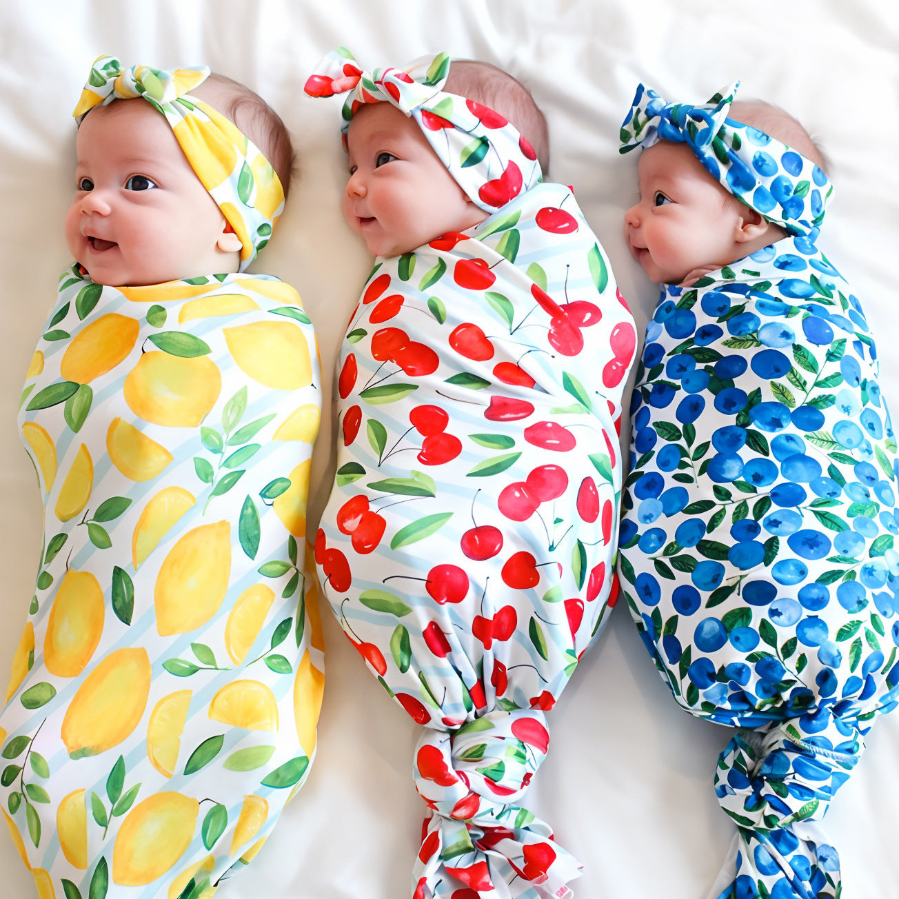 Newborn Baby Swaddle Striped Fruit Print and Headband Knotted Hat Three-Piece Set