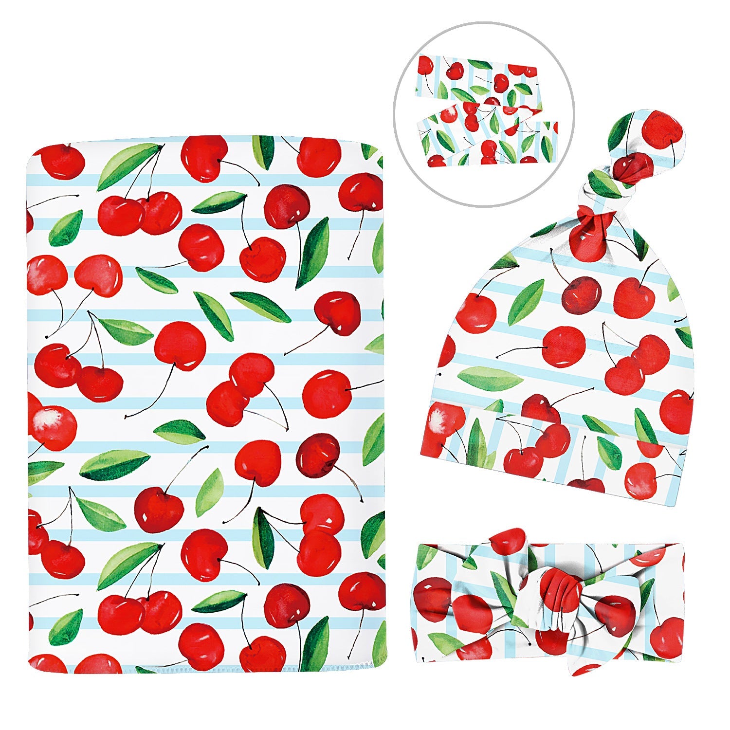 Newborn Baby Swaddle Striped Fruit Print and Headband Knotted Hat Three-Piece Set