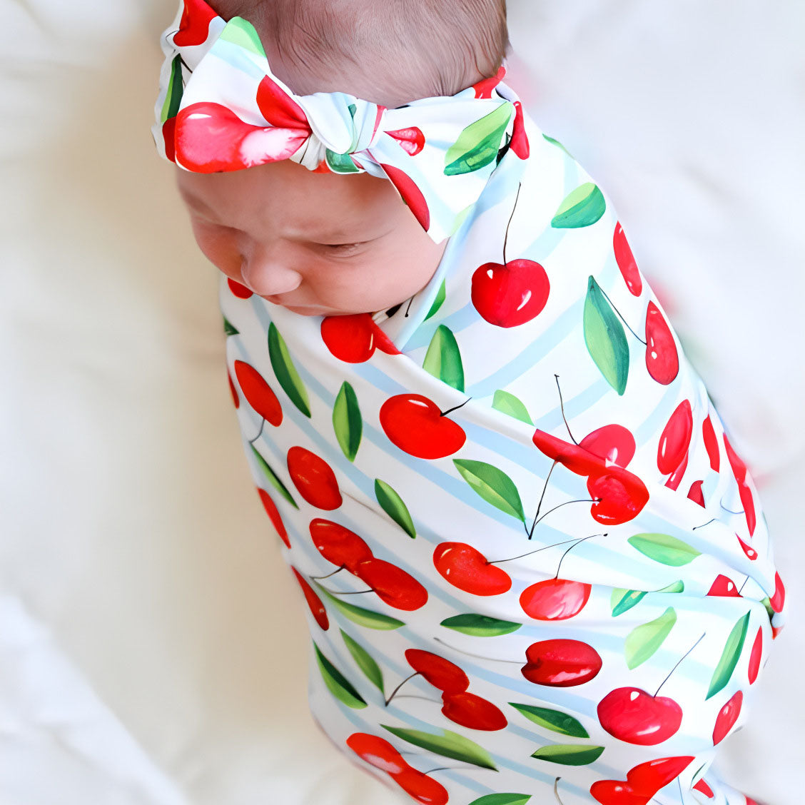 Newborn Baby Swaddle Striped Fruit Print and Headband Knotted Hat Three-Piece Set