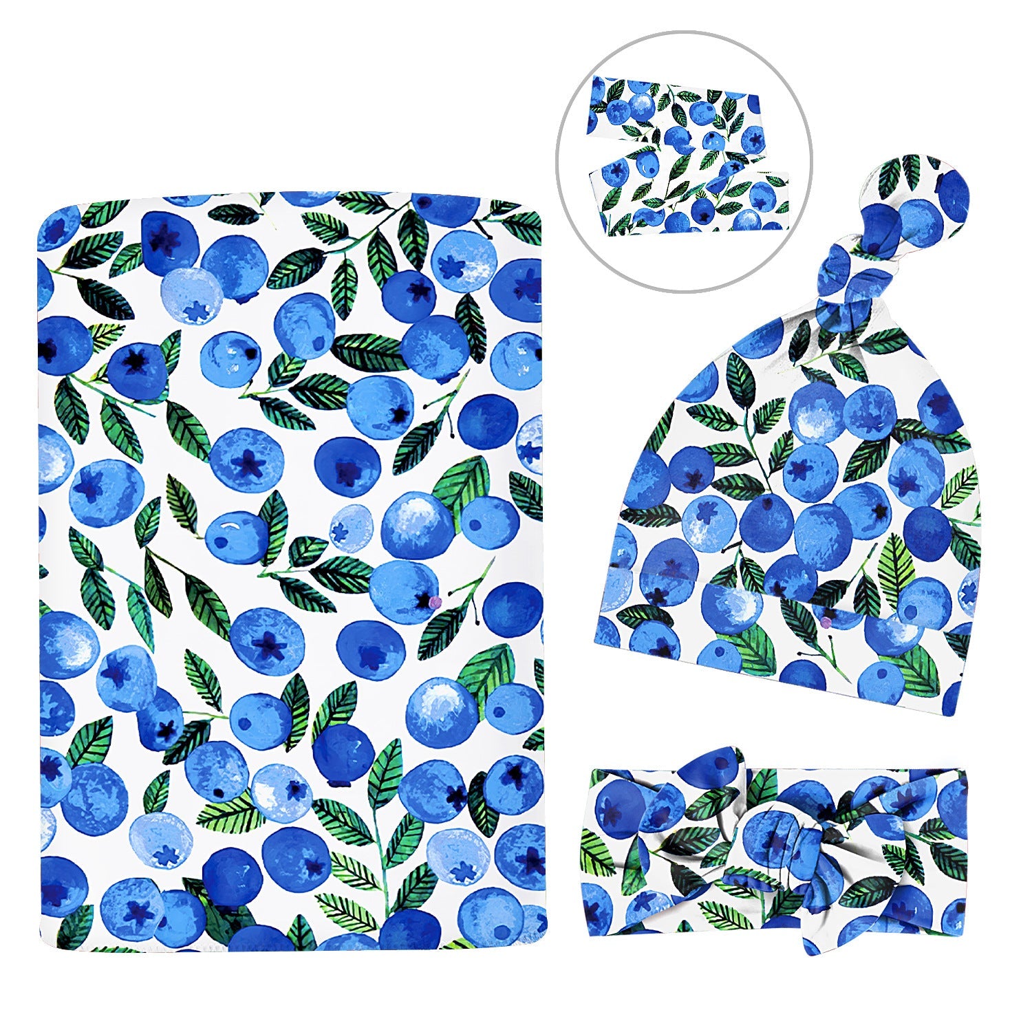 Newborn Baby Swaddle Striped Fruit Print and Headband Knotted Hat Three-Piece Set