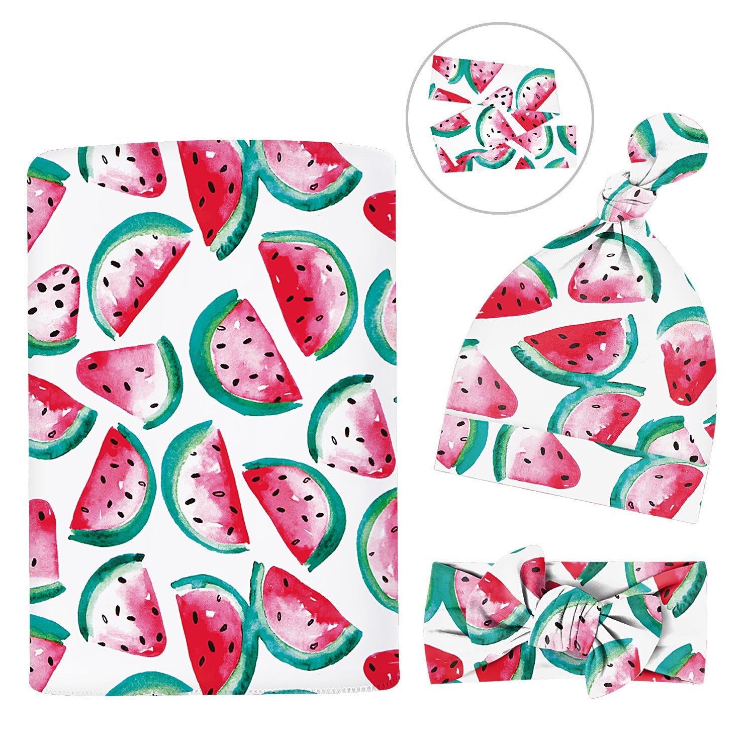 Newborn Baby Swaddle Striped Fruit Print and Headband Knotted Hat Three-Piece Set