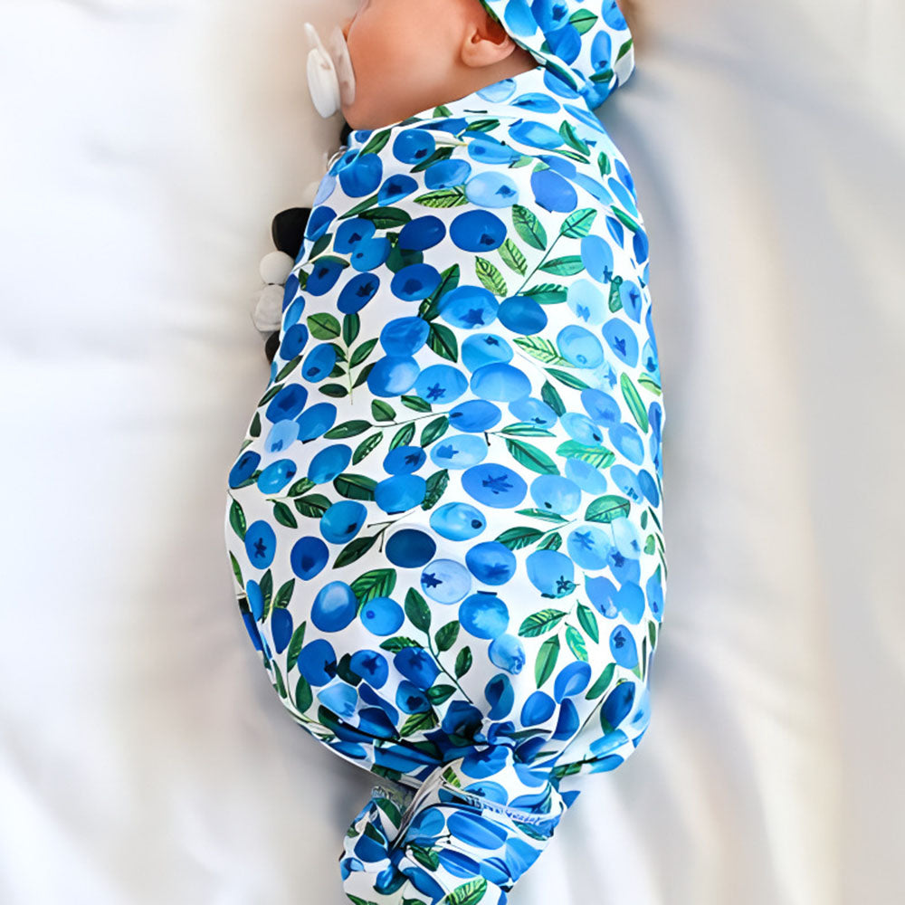 Newborn Baby Swaddle Striped Fruit Print and Headband Knotted Hat Three-Piece Set