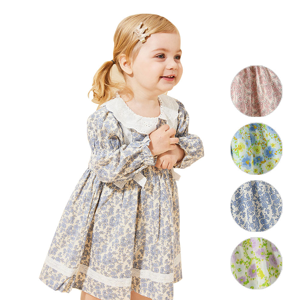 Baby children's dress for girls skirt floral long-sleeved princess dress lace bow