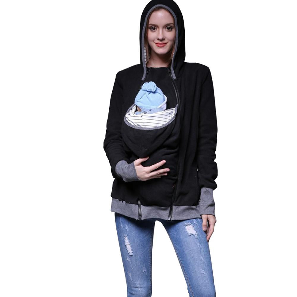 Kangaroo Pouch Hoodie Baby Pocket Carrier Mother Sweatshirt Pullover Fleece Jacket