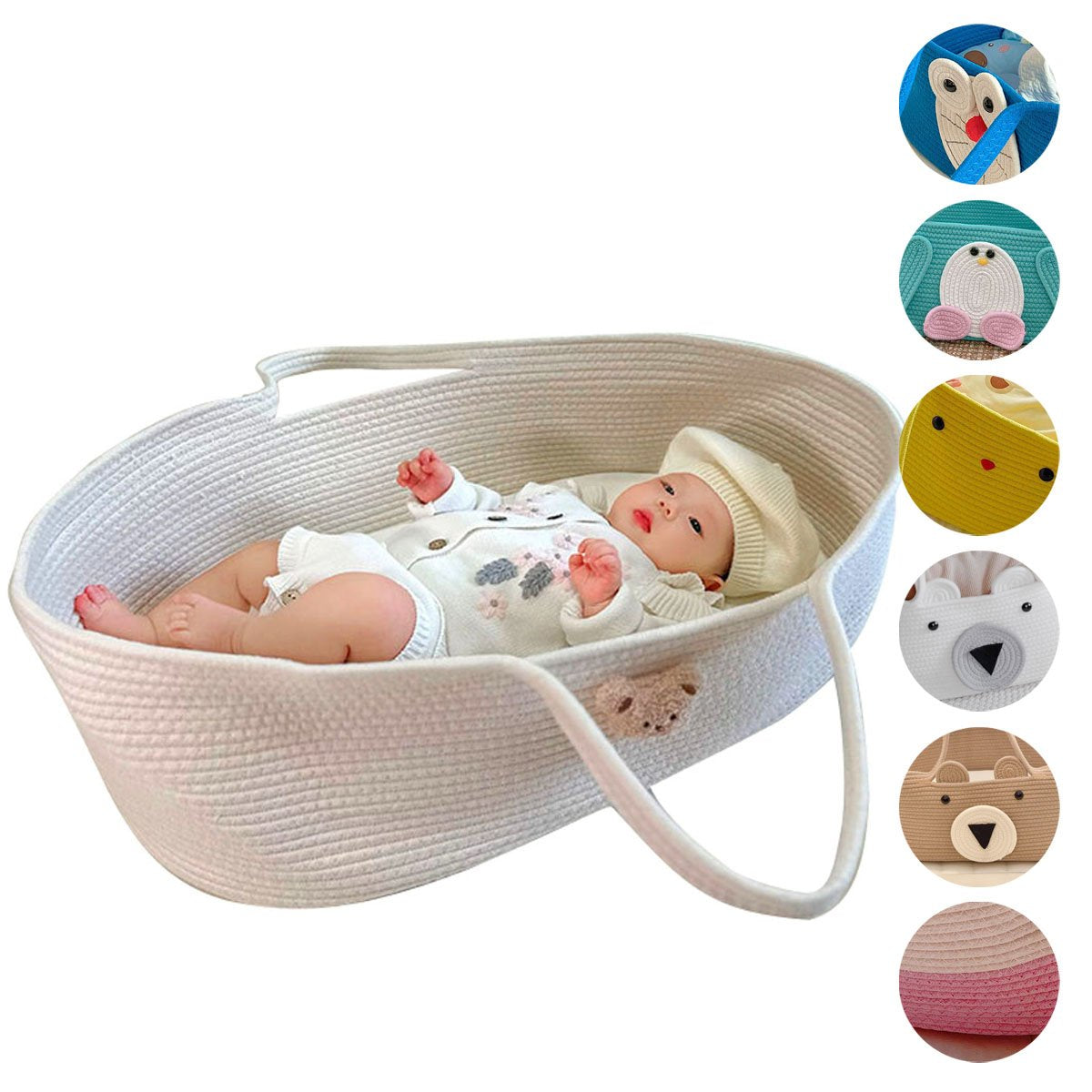 Portable Baby Moses Basket for Carrier Cotton Rope Woven Crib Newborn Sleeping Bed Cradle Bassinet Nursery Decor with Soft Pad & Pillow